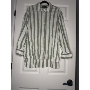Lane Bryant Long Sleeve Button Up Linen Blend Striped Shirt 14/16 Green White